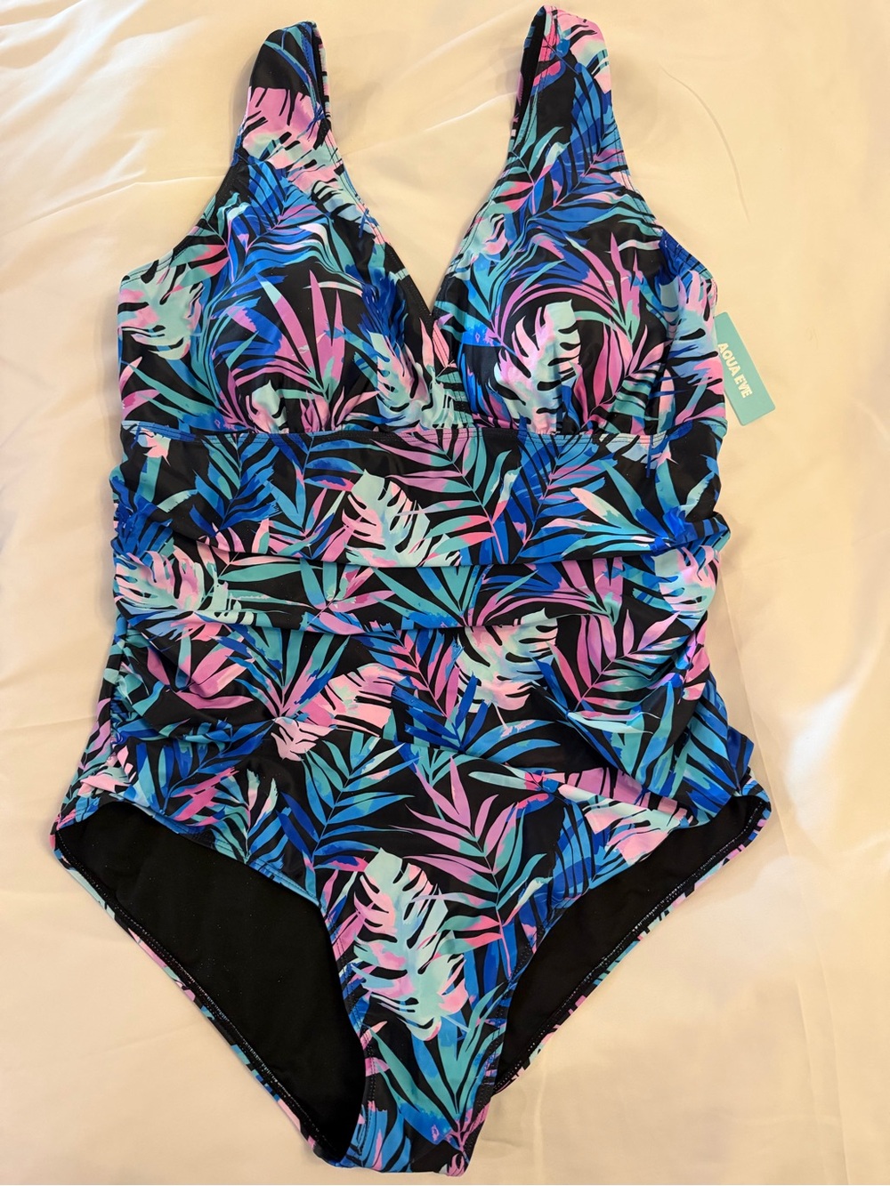 Plus Size Tropical Leaf V-Neck One-Piece Swimsuit - Blue Multi - Picture 2 of 3